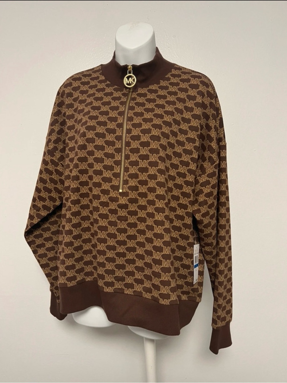Michael Kors Brown MK Logo Half-Zip Sweater XL New